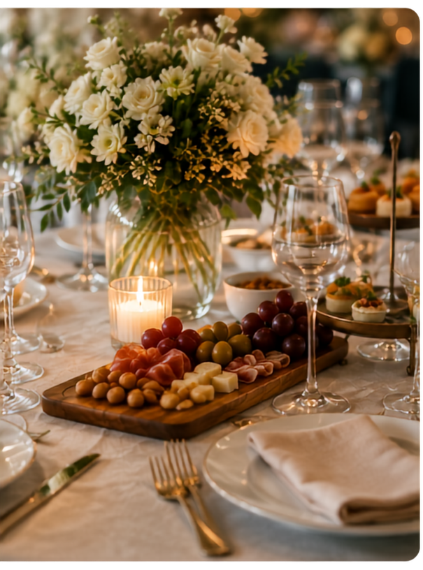 Mesa elegante con alimentos y flores para evento