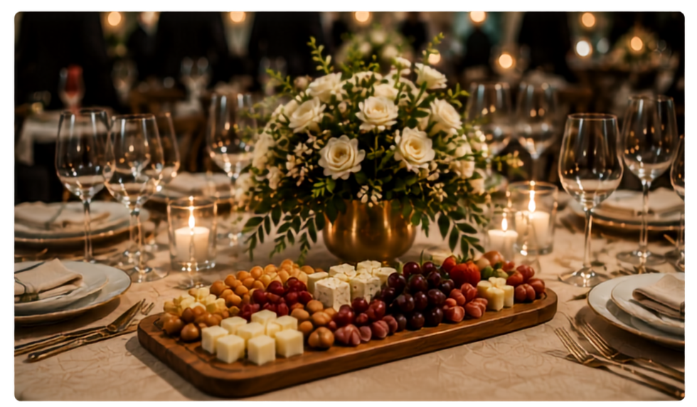 Mesa de evento elegante con flores, velas y alimentos