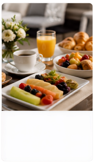 Desayuno empresarial con fruta, café y pan